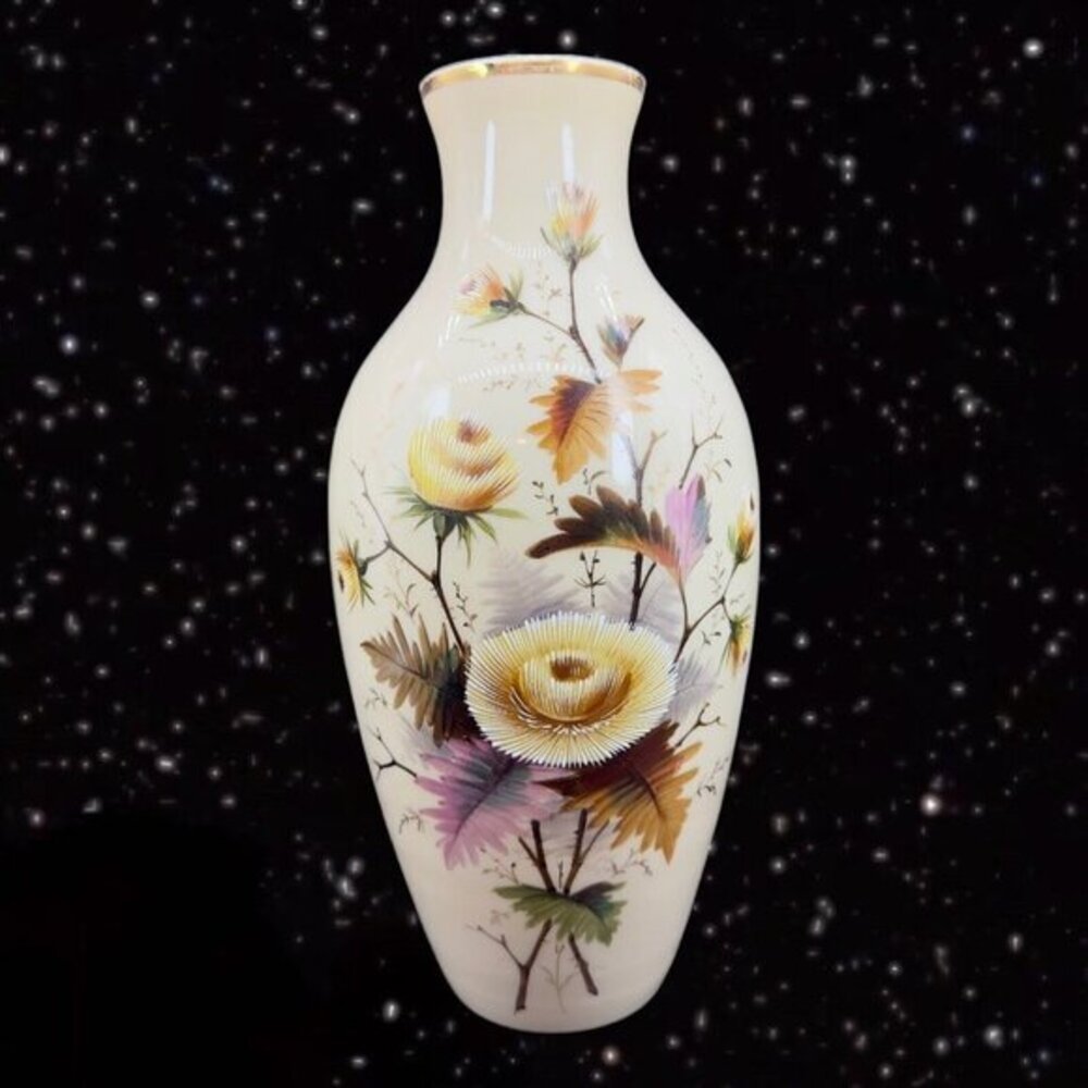 Antique Art Glass Vase Hand Painted Raised Hand Painted Flowers Vintage Vessel